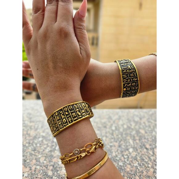 Hieroglyphic Egyptian Bangle – Handmade Black & Gold Brass Statement Cuff - Picture 3 of 4